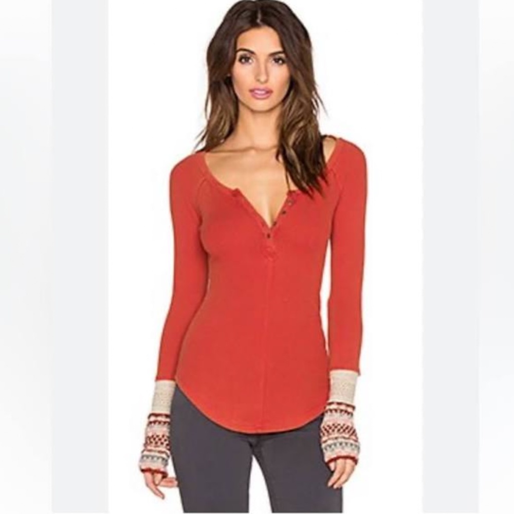 FREE PEOPLE Newbie Ski Lodge Thermal Henley T Shirt w/ Contrast Cuffs - L